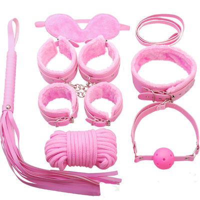 PU Leather SM Sex Bondage Set Handcuffs Nipple Clamps Collar Gag Whip Rope