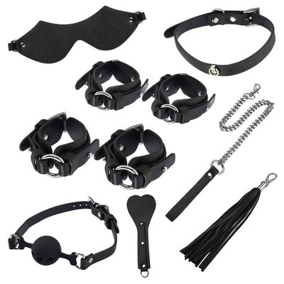 Black PU Leather Luxury Bdsm Set Clamps Collar Gag Handcuffs Nipple Whip Rope SM Sex Bondage Set